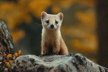 Wall Mural - curious yellow-throated marten standing on a rock in autumn forest