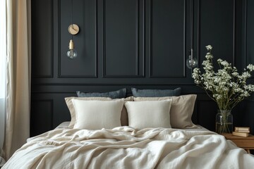 Poster - Modern bedroom interior with black wall featuring a large comfortable bed