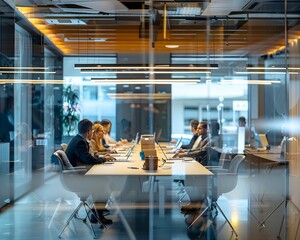 Poster - corporate boardroom with gender diverse team collaborating on business decisions