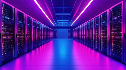 Poster - Futuristic data center with neon lighting and servers