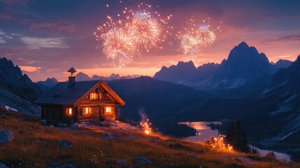 Cozy wooden cabin nestled in forest celebrating with fireworks under a vibrant cloudy sky