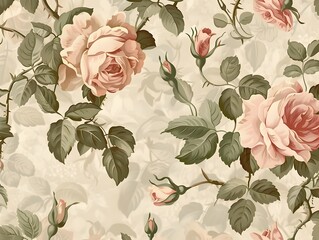 Wall Mural - Vintage Inspired Floral Pattern with Soft Pastel Rose Blooms and Delicate Vines