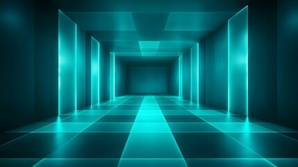 
Blue-green gradient studio room, abstract background pattern, walls and floor reflect neon lights, dark tones and feel speed of digital technology connected blue-green background. Future technology.