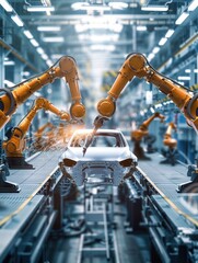 Aufkleber - Advanced robotic arms meticulously assemble parts on a car production line, showcasing high-tech automation in action. Generative AI