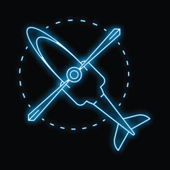Poster - Blue neon icon of a helicopter flying over a circle, representing an abstract concept related to aviation, technology, or transportation