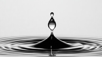 Wall Mural -  A monochrome image depicts a droplet of water on a body of water's surface, creating ripples