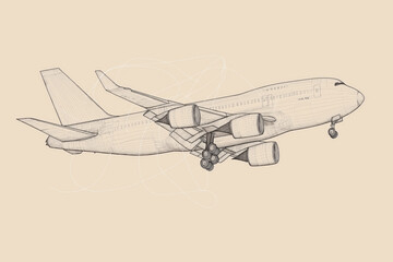 Sticker - Technical drawing of a commercial airplane in flight, showcasing detailed lines, four engines, and landing gear extended, set against a beige background.