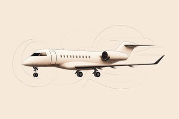 Canvas Print - Illustration of a private jet airplane with aerodynamic lines on a beige background, highlighting the aircraft's design and smooth contours for efficient air movement.