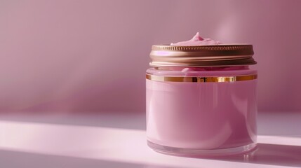 Frosted glass jar filled with pink cream, positioned on a white background, adorned with a gold rim, under soft light, showcasing the elegant texture.