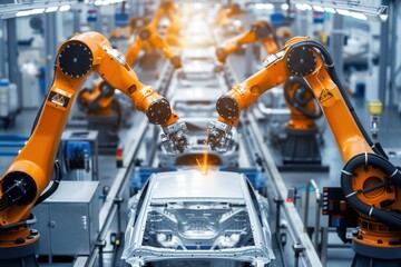 Leinwandbilder - Robotic arms perform precise assembly tasks on vehicles within a state-of-the-art manufacturing facility. Generative AI