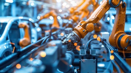 Aufkleber - Advanced robotic arms are performing intricate tasks to assemble vehicle parts efficiently in a busy automotive production facility. Generative AI