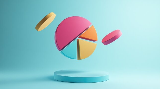 3D pie chart segments floating in mid-air, bright background, business concept
