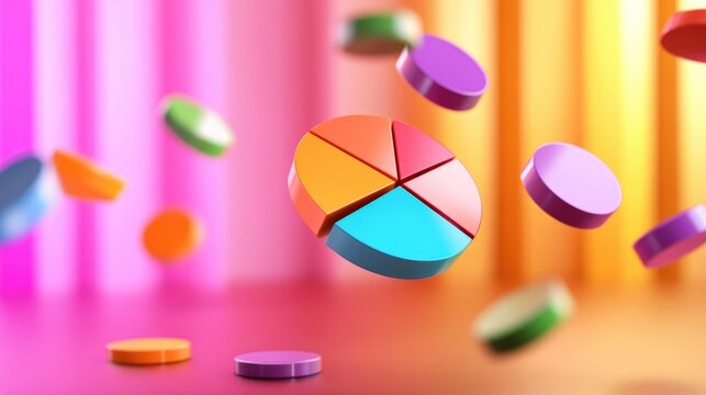 3D pie chart segments floating in mid-air, bright background, business concept