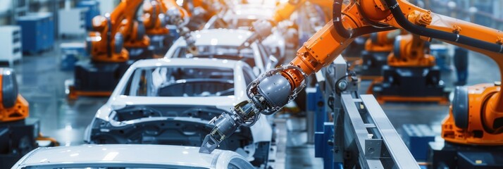 Aufkleber - Advanced robotic arms are performing precise assembly tasks on vehicles in a bustling automotive production facility. Generative AI