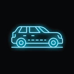 Poster - Bright blue neon suv car glowing on a dark background