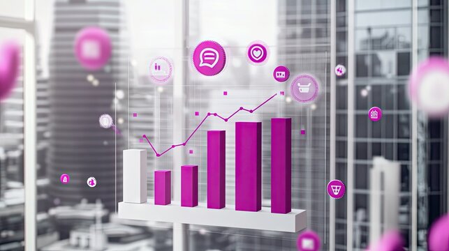 A clean, flat vector illustration of a pink data chart with a 3D effect, floating on a white background with light gray foreground details for a sleek look.