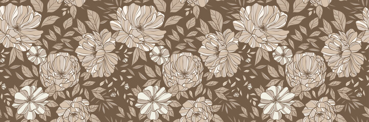 Poster - Brown floral banner, seamless repeating vintage flower print, elegant wallpaper cover design