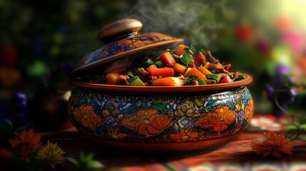 Steaming pot of flavorful stew with vegetables in a traditional clay pot.