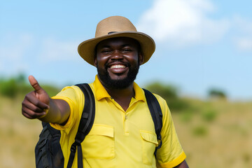 happy tour guide gives a thumbs up outdoors on a sunny day, wearing yellow and excited for a summer 