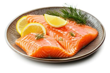 Plate with tasty salmon on white background - generative ai