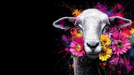 Wall Mural -   A sheep with flowers in its mouth against a dark backdrop