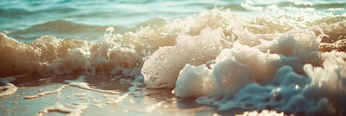 Frothy ocean waves crashing onto a sandy shore, capturing the dynamic movement and energy of the sea in vibrant detail