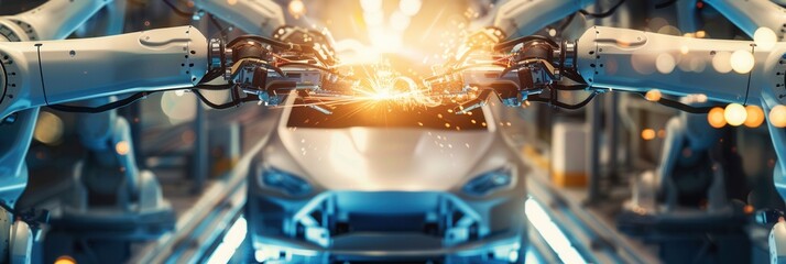 Aufkleber - Robotic arms are executing precise welding tasks on a vehicle assembly line in a high-tech manufacturing environment. Generative AI
