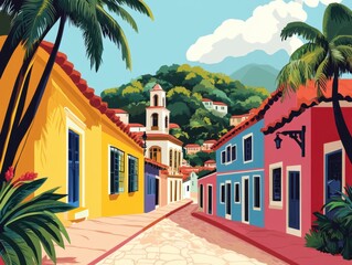 Wall Mural - Flat Illustration of Olinda with Baroque Architecture and Carnival Spirit

