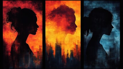 Wall Mural - Silhouettes of Women with Cityscapes