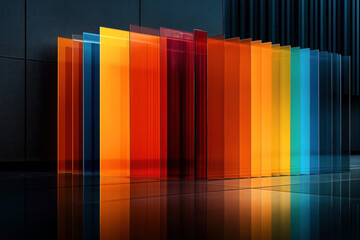 Poster - Abstract composition of colorful transparent glass panels in red, blue, orange, and yellow arranged vertically with reflective floor and dark background.