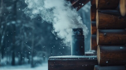 Close-up of smoke and ash drifting from a chimney of a cozy, log cabin during winter