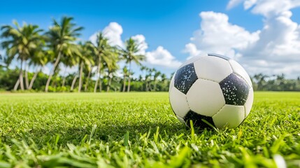 A close-up view of a soccer ball on a lush green field under a bright sky with palm trees in the background, perfect for a sunny day of play.