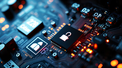 A close-up view of a glowing circuit board with integrated digital icons, highlighting the technological infrastructure behind digital enterprises