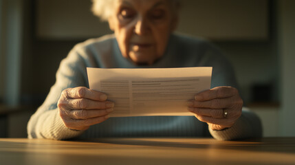 Wall Mural - An elderly woman is holding a piece of paper in her hands