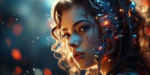 a woman's face adorned with mechanical wires and glowing lights, a symbiosis of humanity and technol