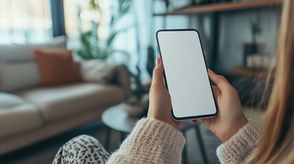 Close up of mature hand holding smartphone with blank screen isolated on while background. Black woman showing empty screen of modern cellphone. Mature hand showing white screen of smart phone