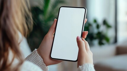 close up of mature hand holding smartphone with blank screen isolated on while background. black wom