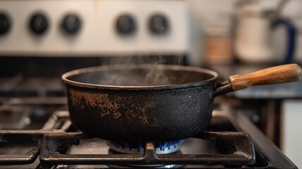 Detailed view of a cast iron pot with a wooden handle, simmering on a gas stove in a well-equipped kitchen