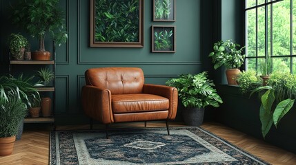 Green Living Room with Leather Armchair