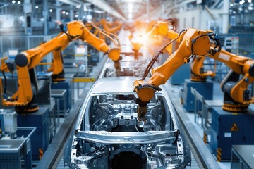 Leinwandbilder - Robotic arms efficiently execute precise assembly tasks on vehicles at a busy automotive manufacturing facility. Generative AI