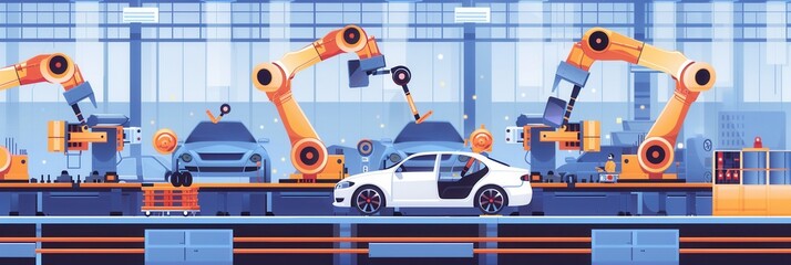 Leinwandbilder - Robotic arms skillfully perform precise tasks on a car assembly line, enhancing production efficiency in automotive manufacturing. Generative AI