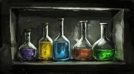 Poster - A fume hood filled with beakers, flasks, and colorful liquids, representing a laboratory chemical experiment.