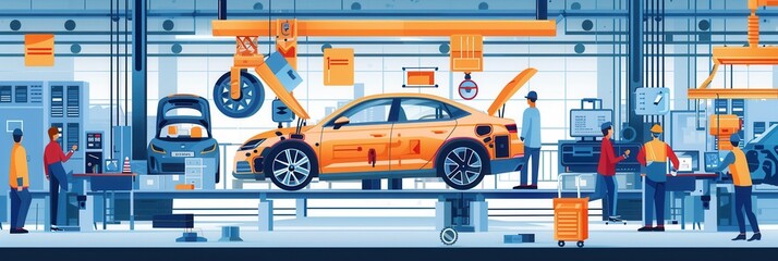 Fototapete - Technicians are actively working on installing and inspecting car interiors in a modern factory setting, ensuring quality and efficiency. Generative AI