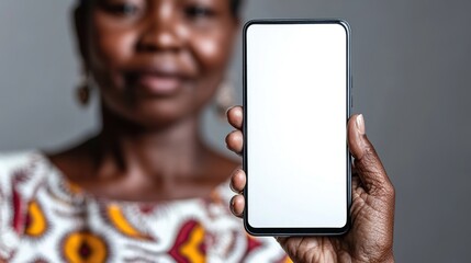 Close up of mature hand holding smartphone with blank screen isolated on while background. Black woman showing empty screen of modern cellphone. Mature hand showing white screen of smart phone