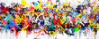 © MCGORIE - Colorful graffiti on a white background, with numerous vibrant tags and symbols. Street art background texture.