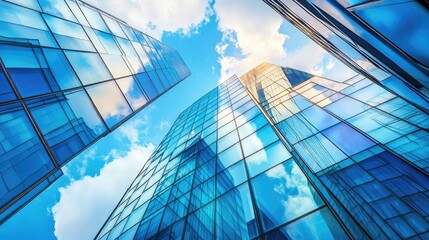 Modern blue glass skyscrapers reflecting the sky, urban architecture concept