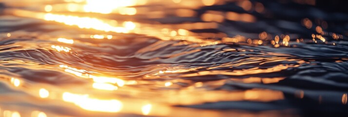 golden sunset reflections, intricate ripples on water shimmering with warm hues, capturing the essen