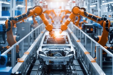 Leinwandbilder - Robotic arms perform intricate tasks, assembling components on a car assembly line in a cutting-edge manufacturing environment. Generative AI