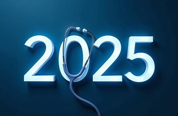 stethoscope with 3d white letter 2025 on blue background , 2025 new year medical concept	