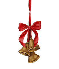 Watercolor jingle hand bells with red bow. Golden bell with red ribbon. Winter holidays and festive mood.